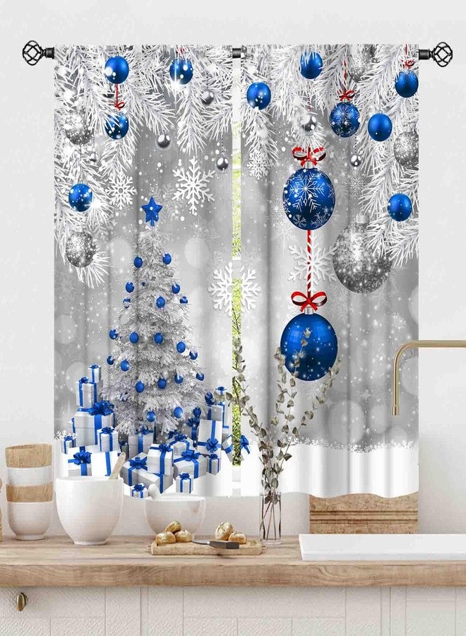 TKUYO Christmas Curtains for Living Room, Xmas Merry Christmas Tree Fir Twigs Ball New Year Winter Snow Holiday Party Decor Silver Blue Window Drapery for Bedroom Kitchen Bathroom Nursery Home, 42"x45" Inch - Image 3